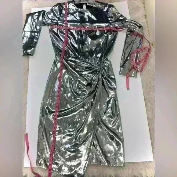 Saint Laurent Womens Silver Draped Waist Faux Wrap Metallic Silk Dress FR 40 - Picture 9 of 16